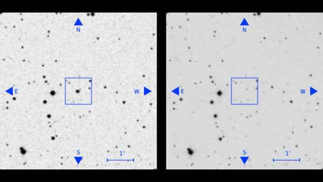Eski bir teleskopik plakada (solda) bir gök cismi görünüyor, ancak daha sonraki bir plakada (sağda) garip bir şekilde eksik.