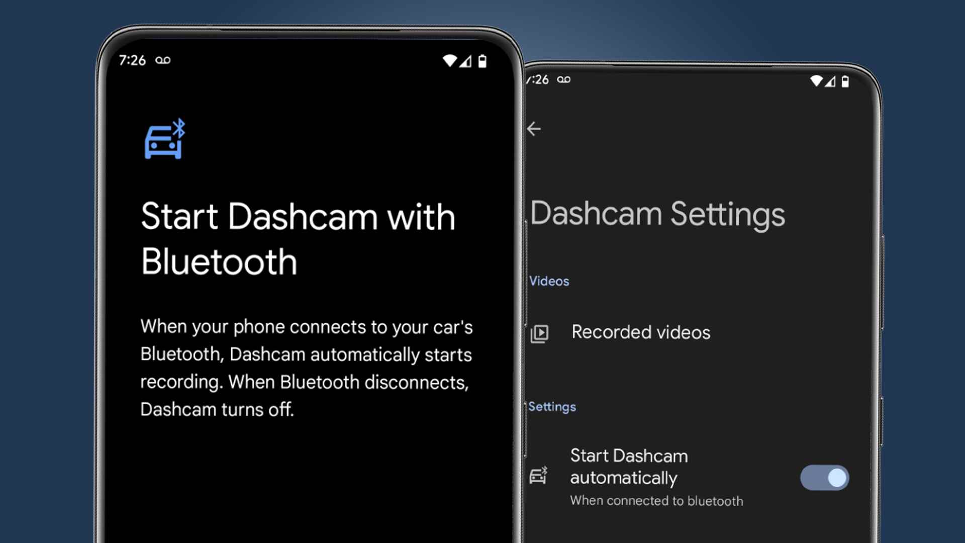 Google'ın gelen Dashcam modunu gösteren iki telefon