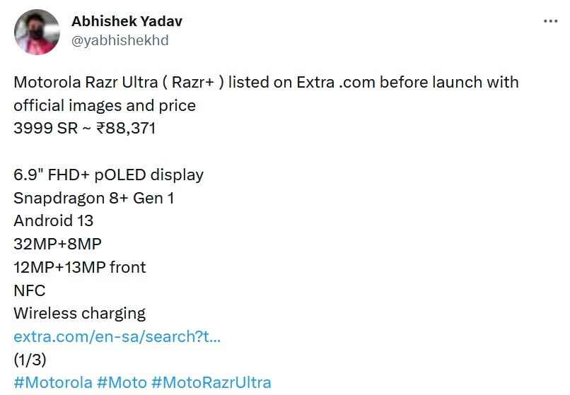 Razr 40 Ultra/Razr+'ın perakende listesini ve teknik özelliklerini tartışan orijinal tweet - Perakende sızıntısı olduğu iddia edilen Motorola Razr 40 Ultra/Razr+ için 6,9 inç p-OLED ekranı gösteriyor