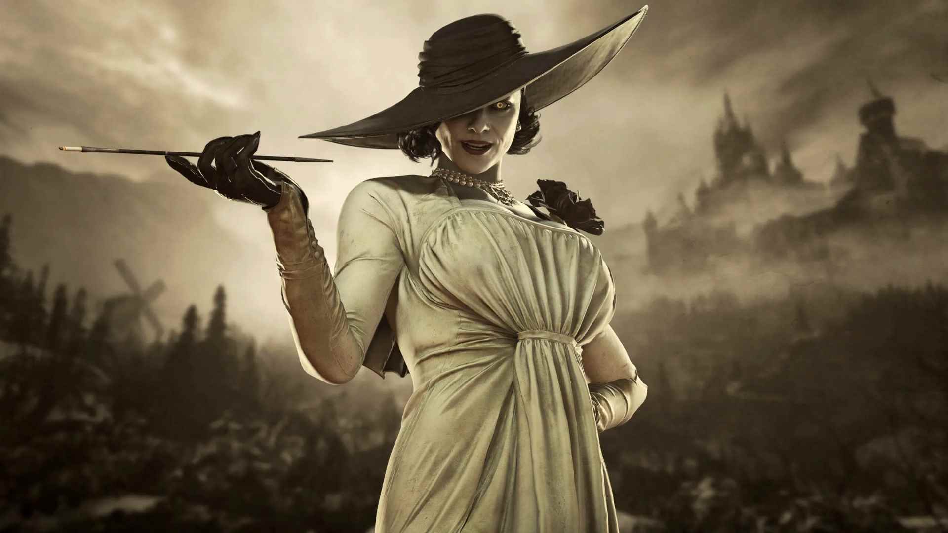 Lady Dimitrescu, Resident Evil köyünde elinde uzun bir puro tutuyor