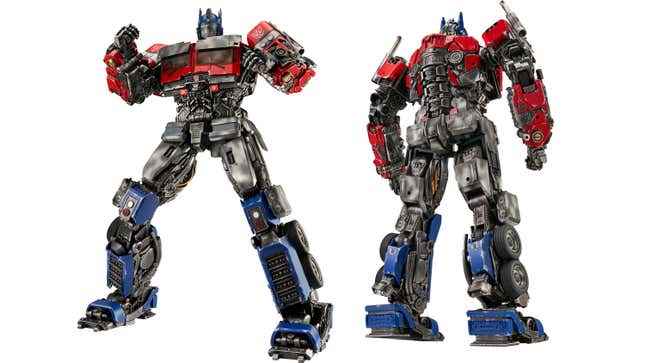 Robosen'in yeni Transformers: Rise of the Beasts Optimus Prime robot oyuncağının önden ve arkadan iki görüntüsü.