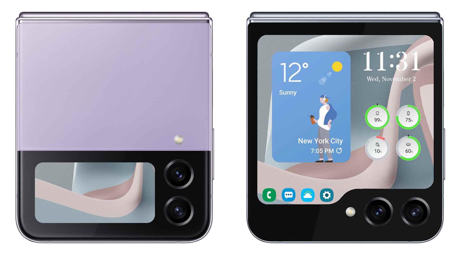Flip4 telefonun sağ yanında Galaxy Z Flip5