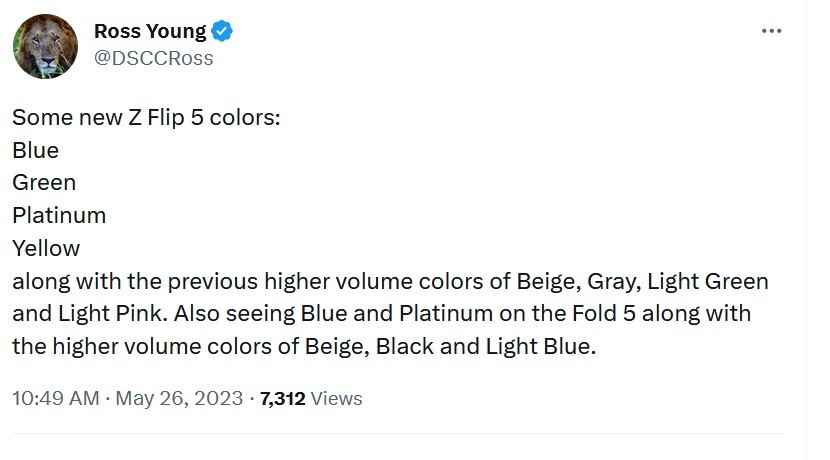 Son derece güvenilir ihbarcı Ross Young, Galaxy Z Flip 5 için yeni renk seçeneklerini sızdırıyor - Son derece doğru tahminci, Galaxy Z Flip 5 için yeni renk seçeneklerini ortaya koyuyor