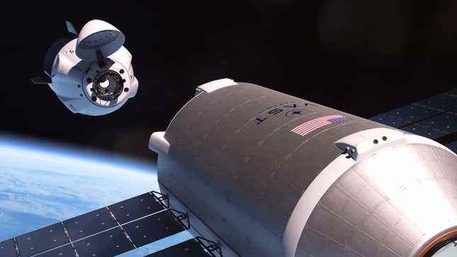 SpaceX Dragon'un limana yanaşmak için Haven-1'e yaklaştığını gösteren bir resim.