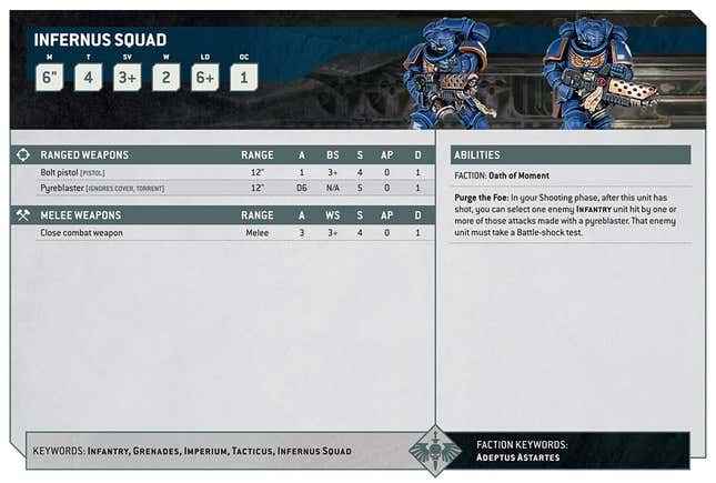 Space Marine Infernus Squad için yeni tasarlanmış veri sayfası kartı.  Kartın diğer tarafı, vites seçenekleri ve diğer bilgiler gibi daha fazla kural içerecek ve oyunculara daha fazla kural getirecek.