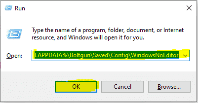 Windows Run'da Boltgun Yapılandırma konumu