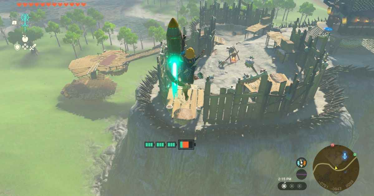 Link Rocket Zelda: Tears of the Kingdom'da tarlaların üzerinden atlıyor