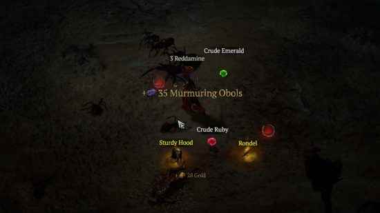 Diablo 4 farm: Bir dünya etkinliğini tamamlamanın ödülü olan bir sandığı açtıktan sonra yerde 35 Mırıldanan Obol.  Değerli taşlar ve zırhlar gibi diğer öğeler de yerde yatıyor.