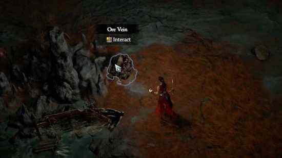 Diablo 4 kaynakları: Oyuncu, Sanctuary'de vahşi doğada bir Cevher Damarı ile etkileşime girer.