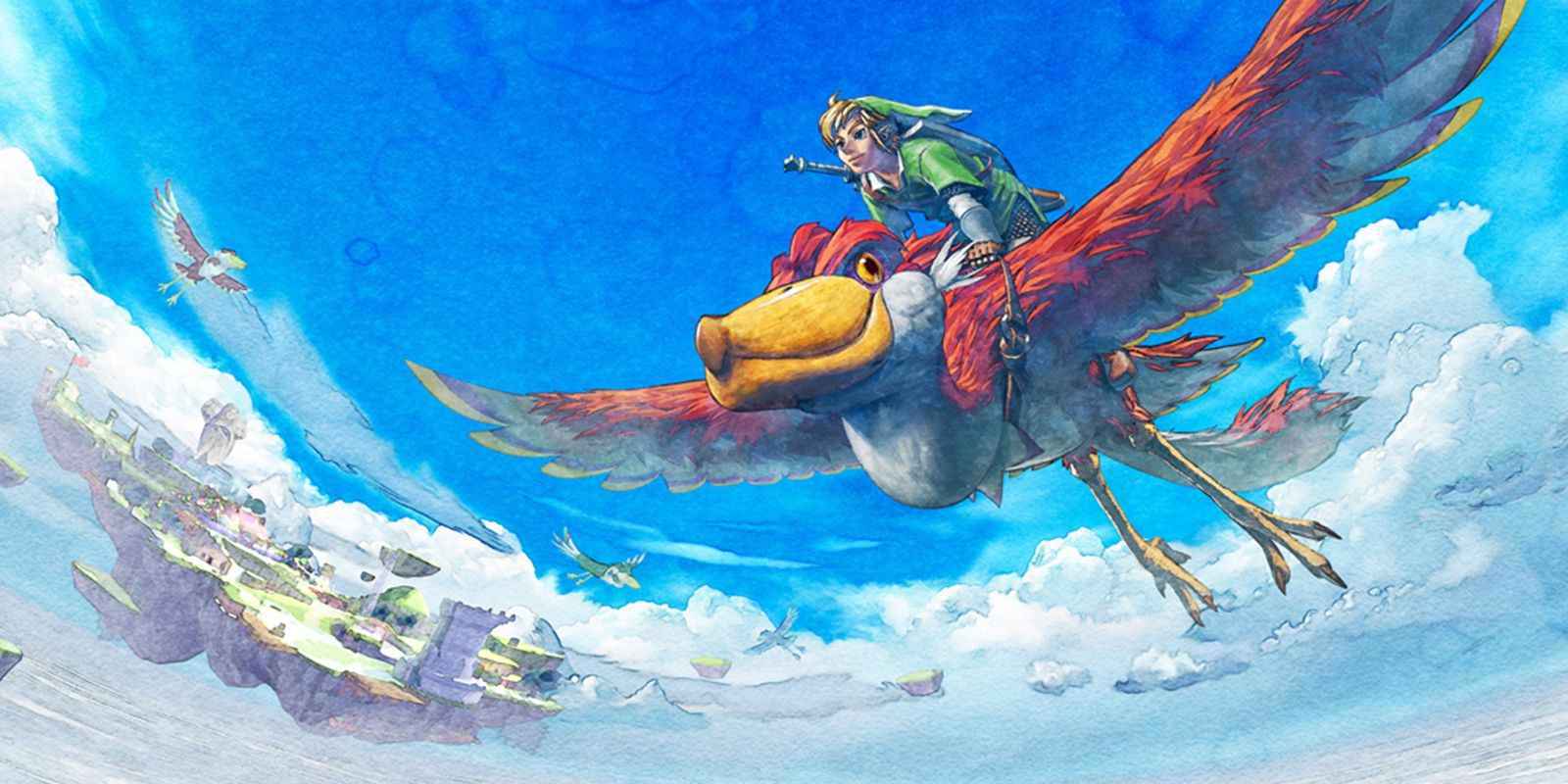 Skyward Sword'da Loftwing'ine binen Link'in temel sanatı.  Arka planda, Link'in büyüdüğü yüzen kasaba olan Skyloft'un etrafında uçan birkaç başka Loftwings görülebilir.