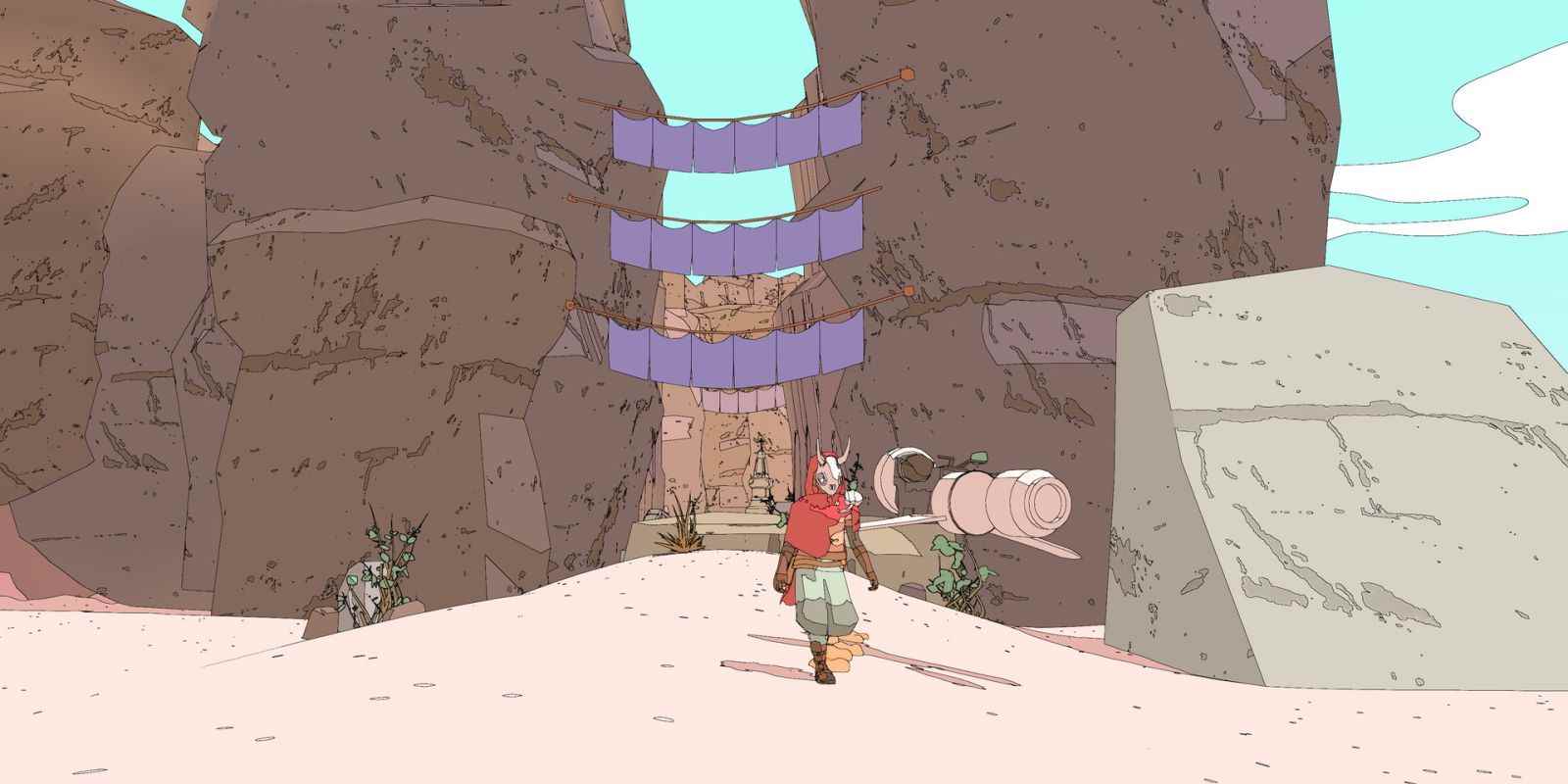 Ana karakterin çölde arka planda bir köyden uzaklaştığı video oyunu Sable'dan bir ekran görüntüsü. 
