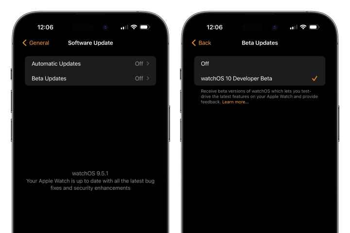 watchOS 10 geliştirici betalarını etkinleştirme adımlarını gösteren iki iPhone.