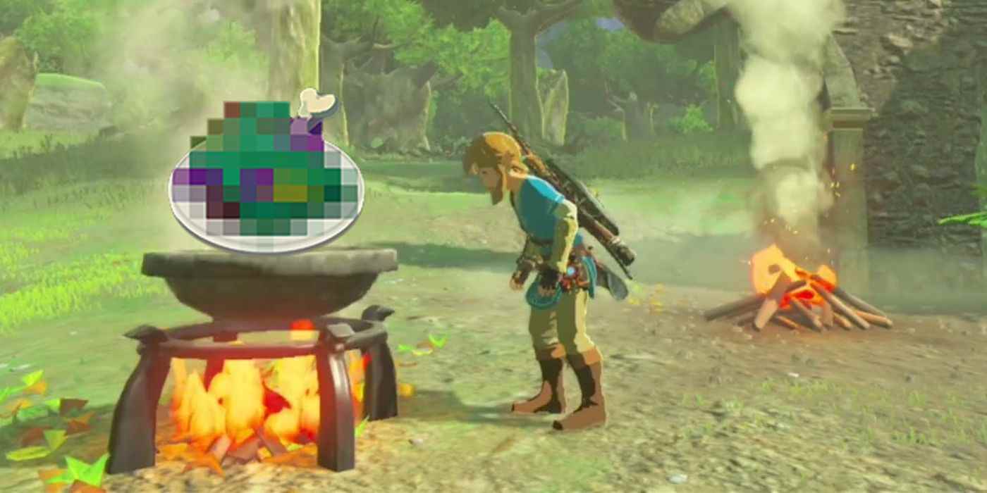 Link, Tears of the Kingdom'da, içinden bulanık, yeşil-mor Şüpheli Yiyeceklerin yükseldiği bir tencereye bakıyor.