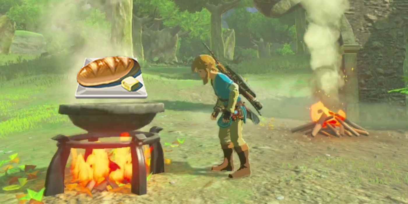 Link, Gözyaşları'nda bir parça puanlanmış Buğday Ekmeği ve bir parça tereyağı içeren bir tencereye bakıyor. 