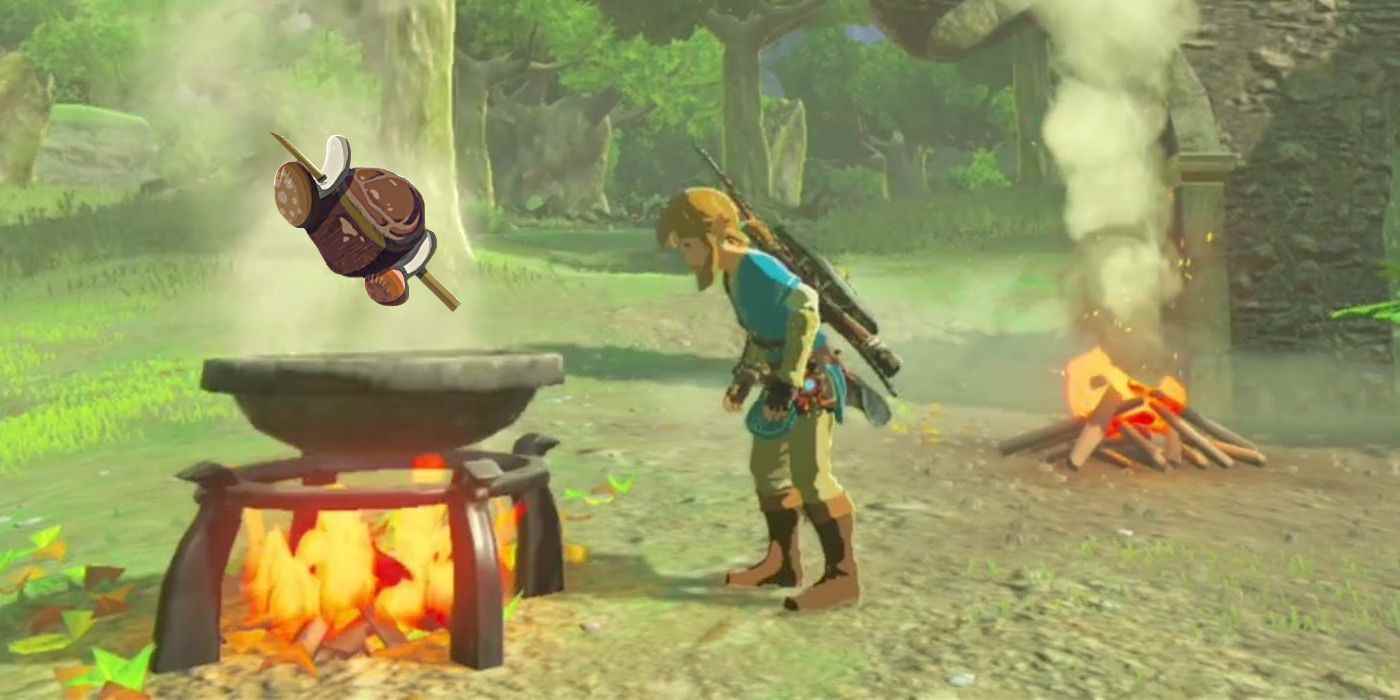 Link, TOTK'ta içinden et ve mantar şiş yükselen bir tencereye bakıyor. 