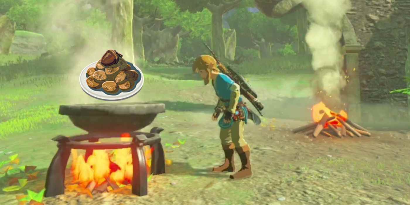 Link, Tears of the Kingdom'da içinden bir tabak Sote Fındık yükselen bir tencereye bakıyor.