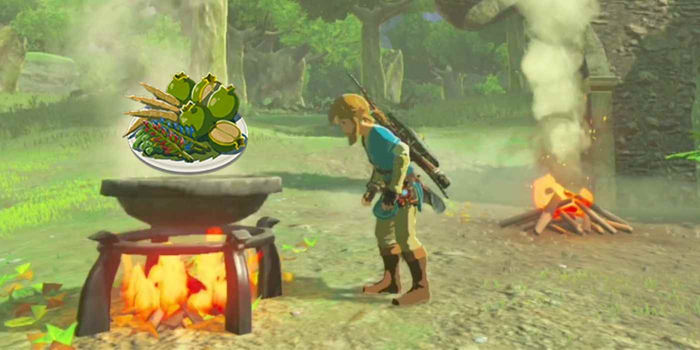 Link, Tears of the Kingdom'da bir tencereden yükselen bir tabak Kızarmış Yabani Yeşilliğe bakıyor.