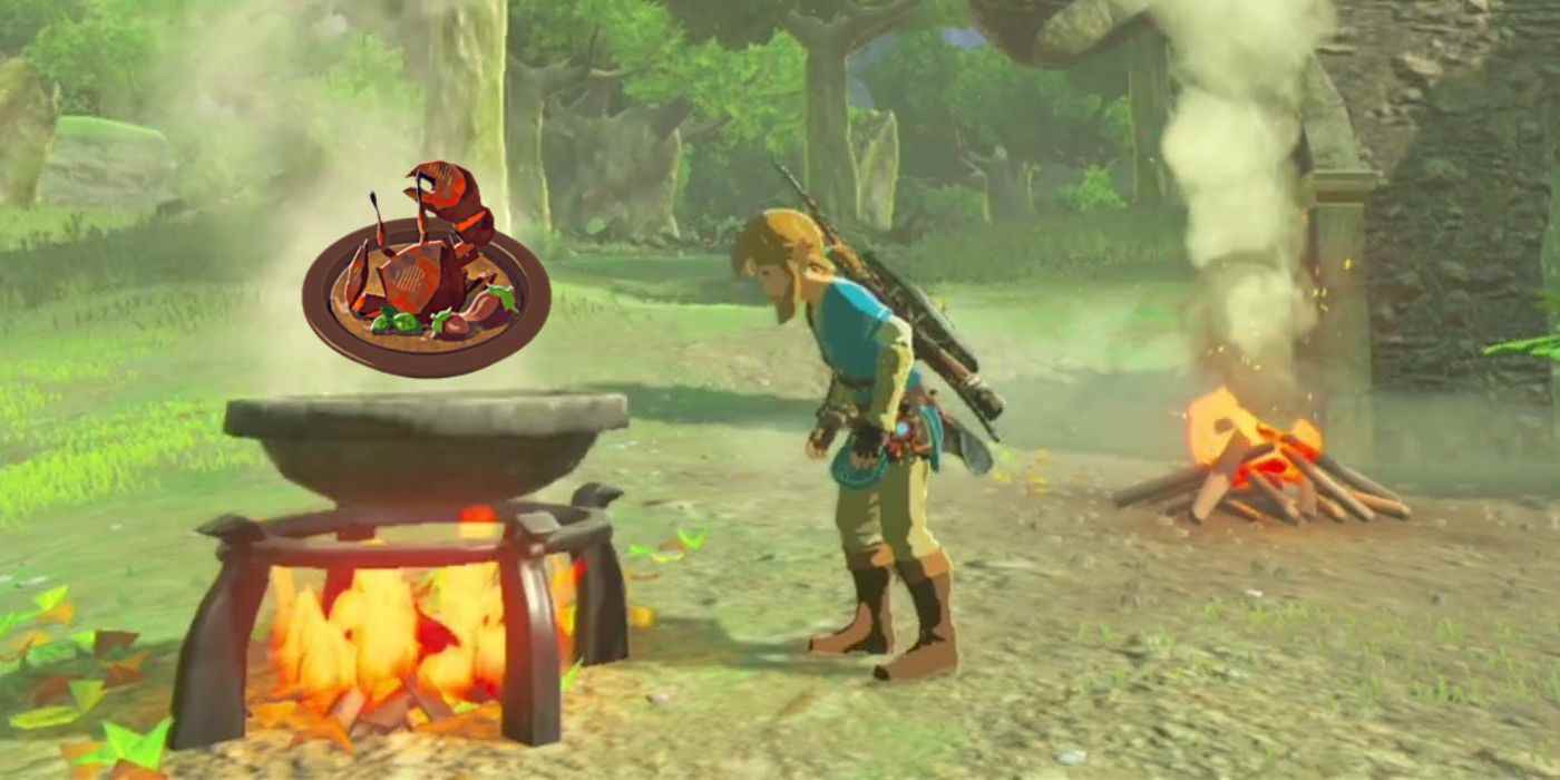 Link, Tears of the Kingdom'da içinden bir tabak Yengeç Stir Fry yükselen bir tencereye bakıyor.