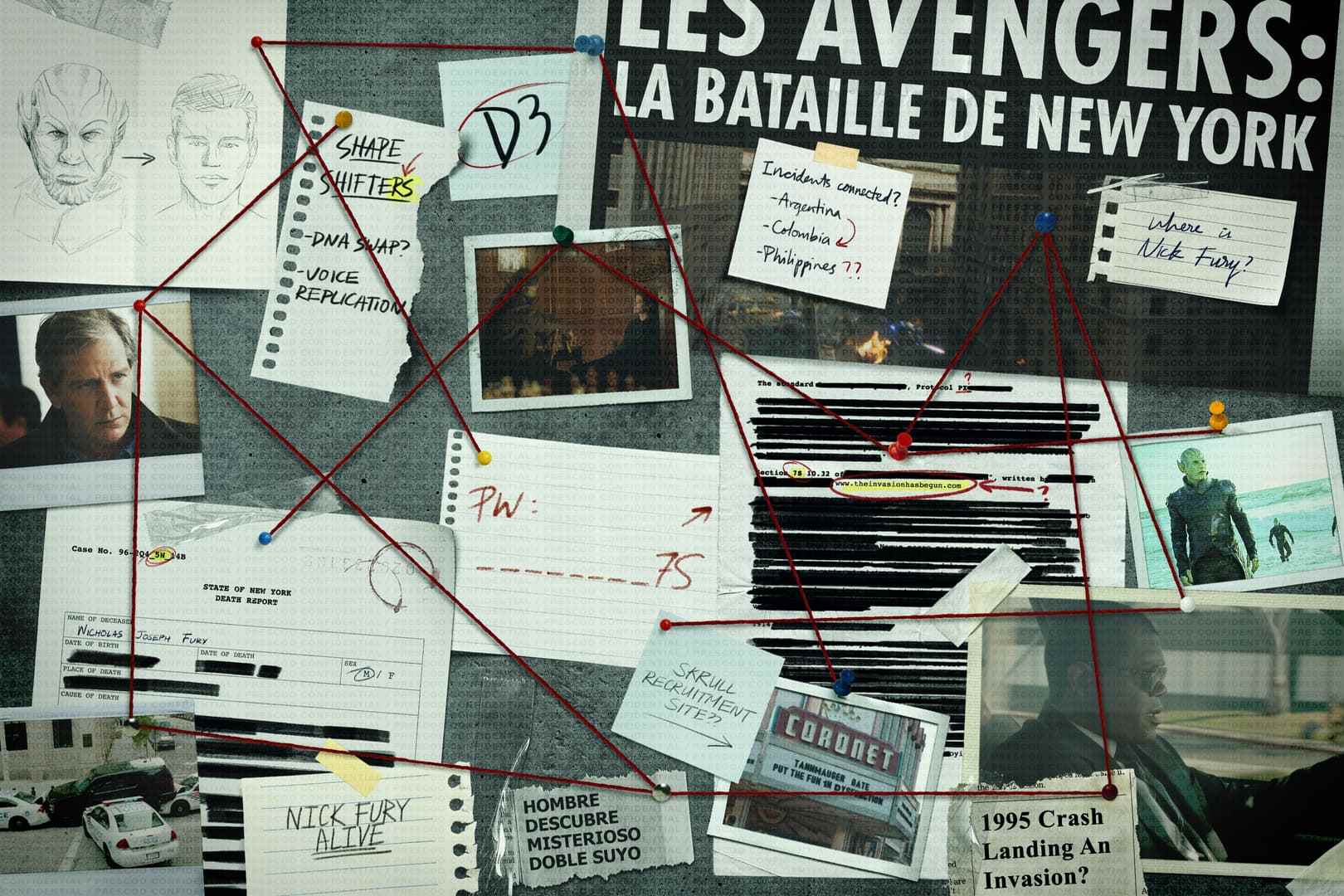 İnsanlardan bir kodu deşifre etmelerini isteyen Marvel's Secret Invasion için bir pazarlama görseli
