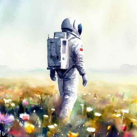 kır çiçekleri tarlasında yürüyen bir astronotun suluboya resmi