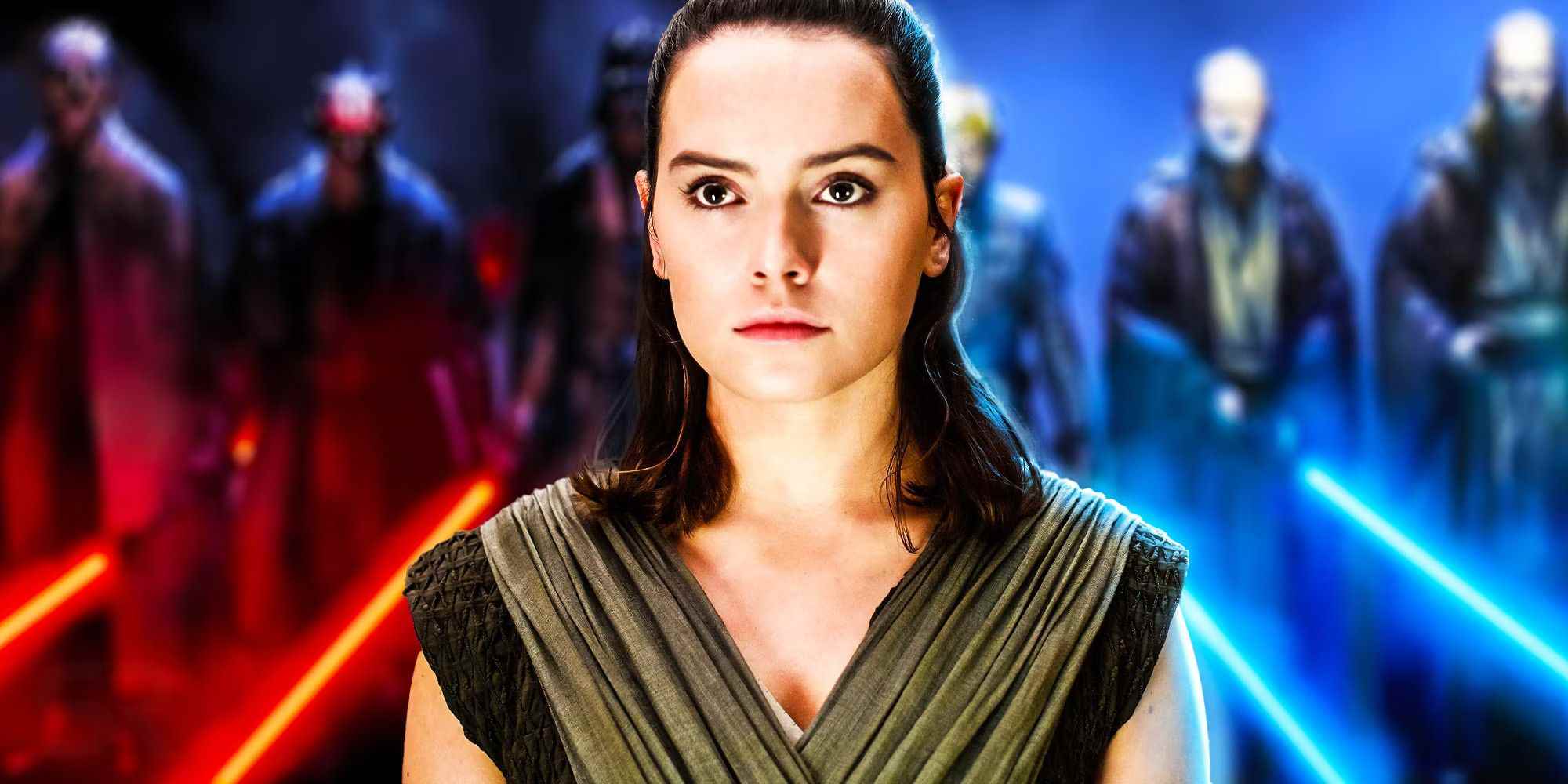 Rey, bir sıra Sith Lordları ve Jedi Şövalyelerinin önünde.
