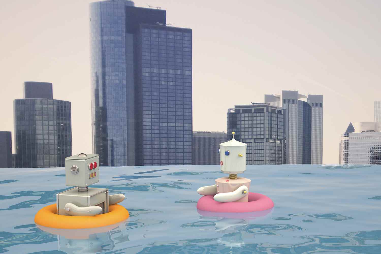 Şehir silüetinin önünde havuzda yüzen yüzen lastikli erkek ve dişi robot, 3 boyutlu görüntüleme