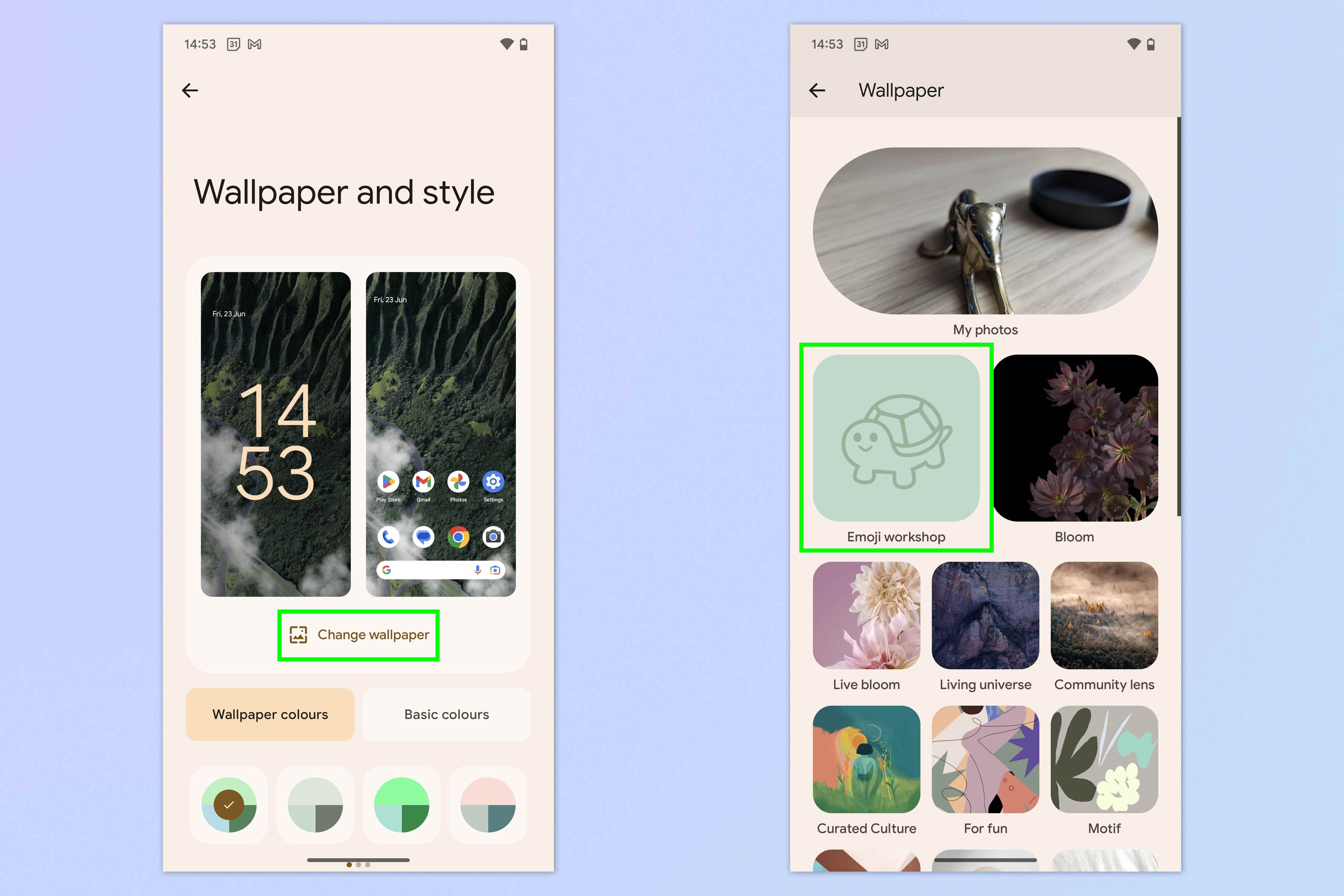 Google Pixel cihazlarda emoji duvar kağıtlarının nasıl oluşturulacağını ve ayarlanacağını gösteren bir ekran görüntüsü