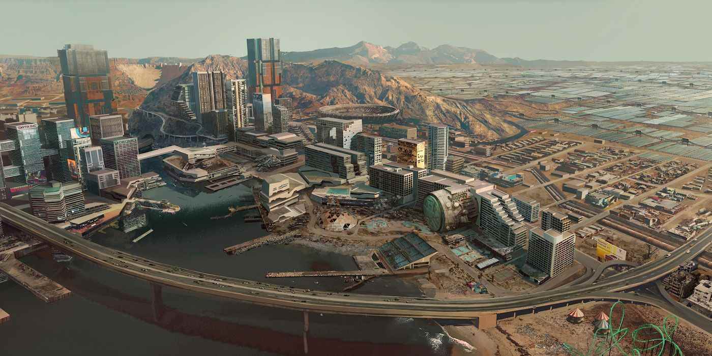 Cyberpunk 2077 Pacifica Bölgesi konsept sanatı, bölgenin havadan görünümünü sergiliyor.
