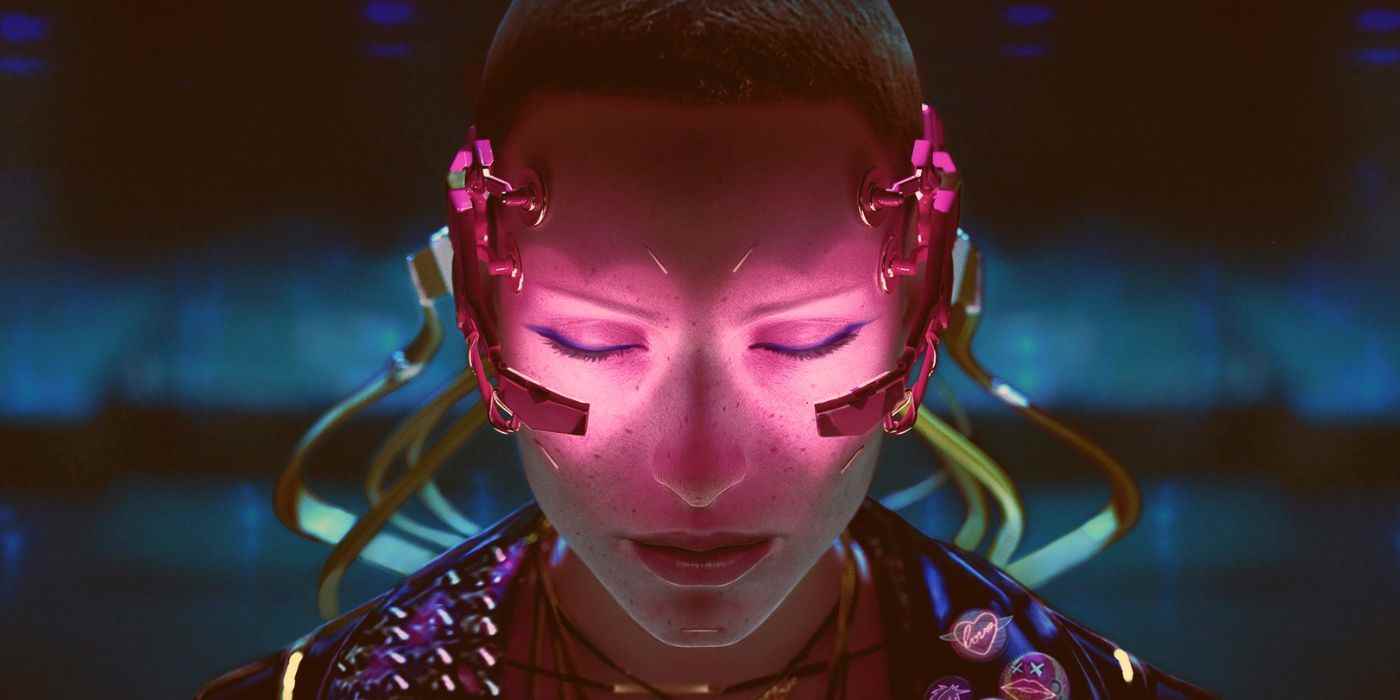 Cyberpunk 2077'de beyin dansı çelengi takan ve gözlerini kapatan bir kadın.