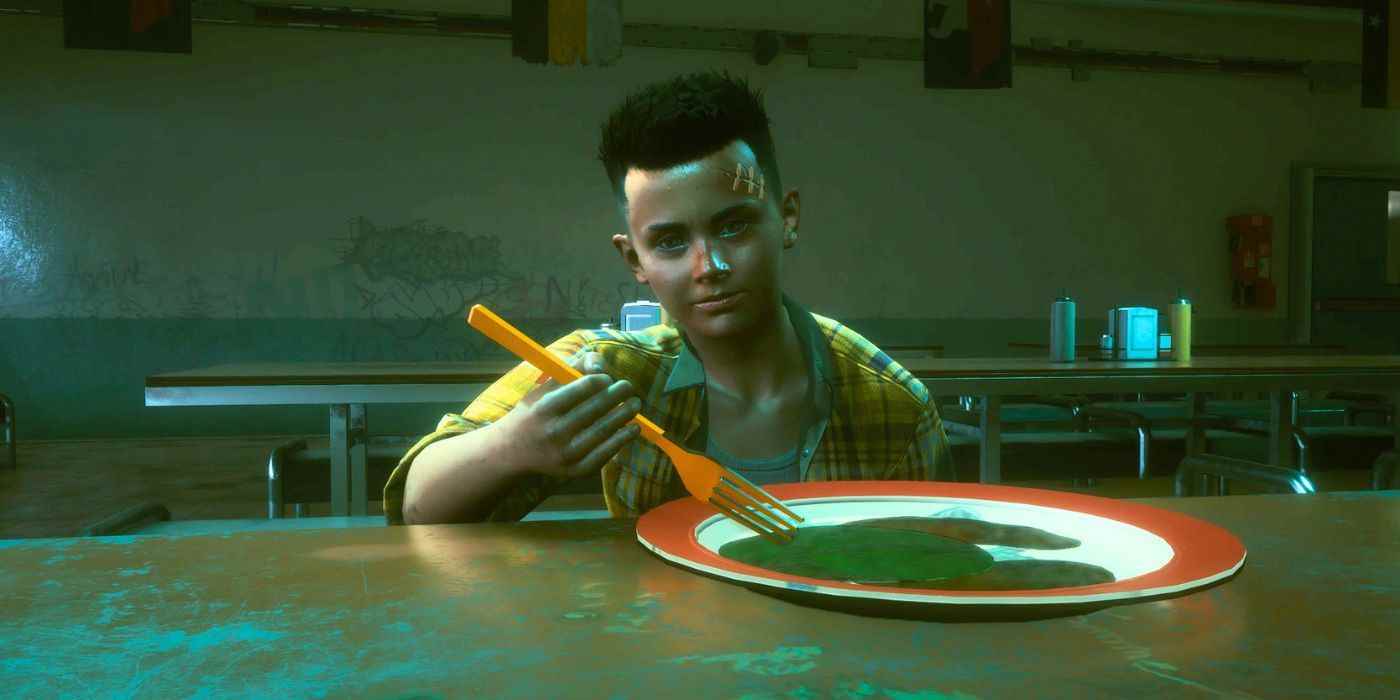 Cyberpunk 2077'de bir tabak yemek yiyen genç Anthony Harris.