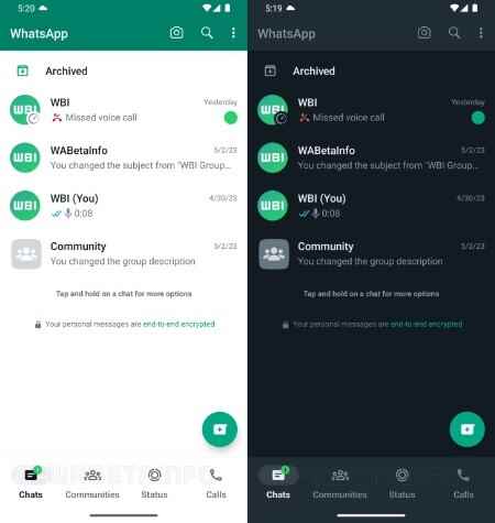 Açık ve Koyu Alt Gezinme Çubuğu |  Kaynak - Wabetainfo - WhatsApp, iOS uygulamasına daha çok benzemesi için Android'de Materyal Tasarımı ince ayarlarını test ediyor