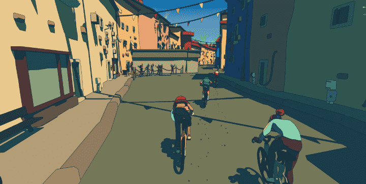 Ghost Bike'da bisikletçiler bir kasaba sokağında bisiklet sürerler.