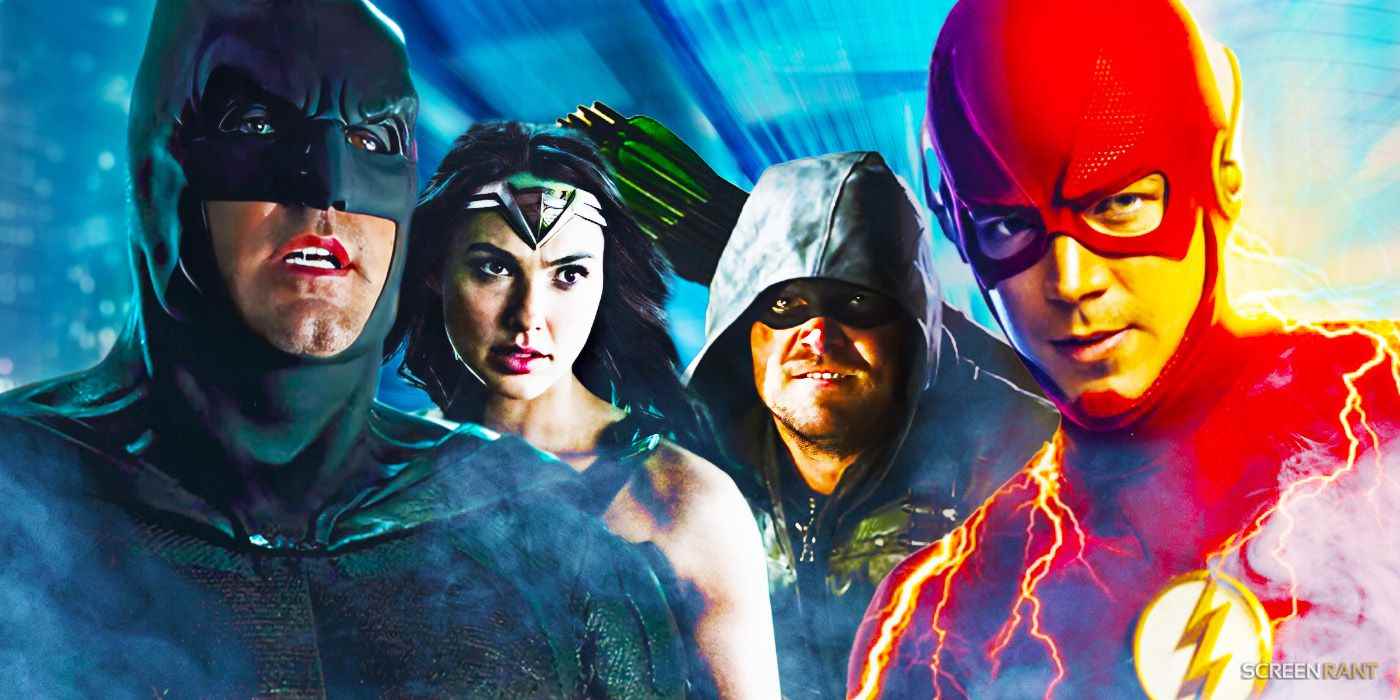 DCEU Batman ve Wonder Woman ile Arrowverse'in Green Arrow ve The Flash'ın özel görüntüsü.