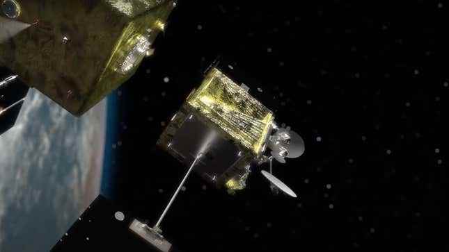 Astroscale'nin uydusu, yörüngedeki feshedilmiş bir uyduyu Dünya atmosferine doğru fırlatmak için takip ediyor. 
