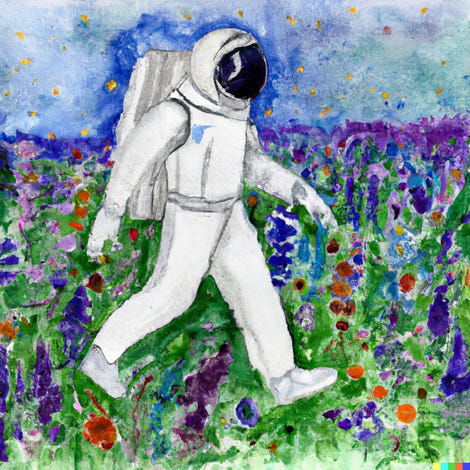 kır çiçekleri tarlasında yürüyen bir astronotun suluboya resmi