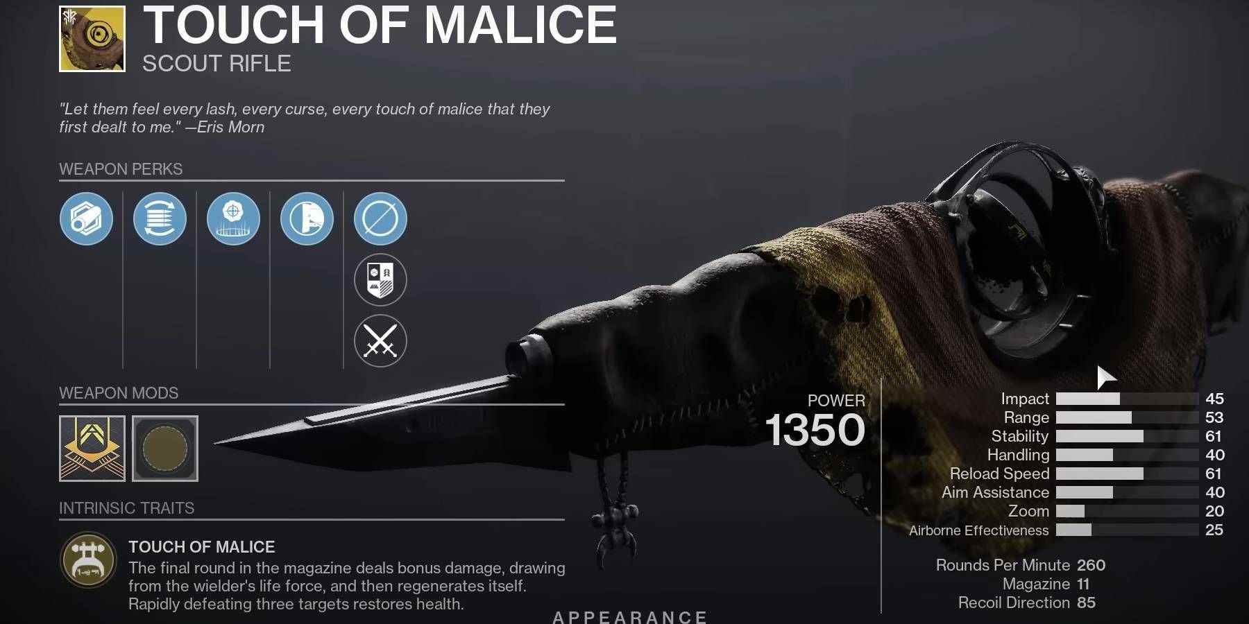 Destiny 2 Touch of Malice Egzotik Silah ve Görüntülenen İstatistikler