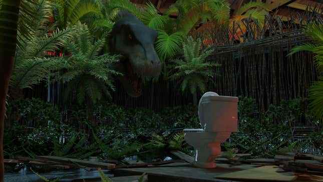 Bir Tyrannosaurus Rex, ormandan yalnız bir tuvalete bakıyor.