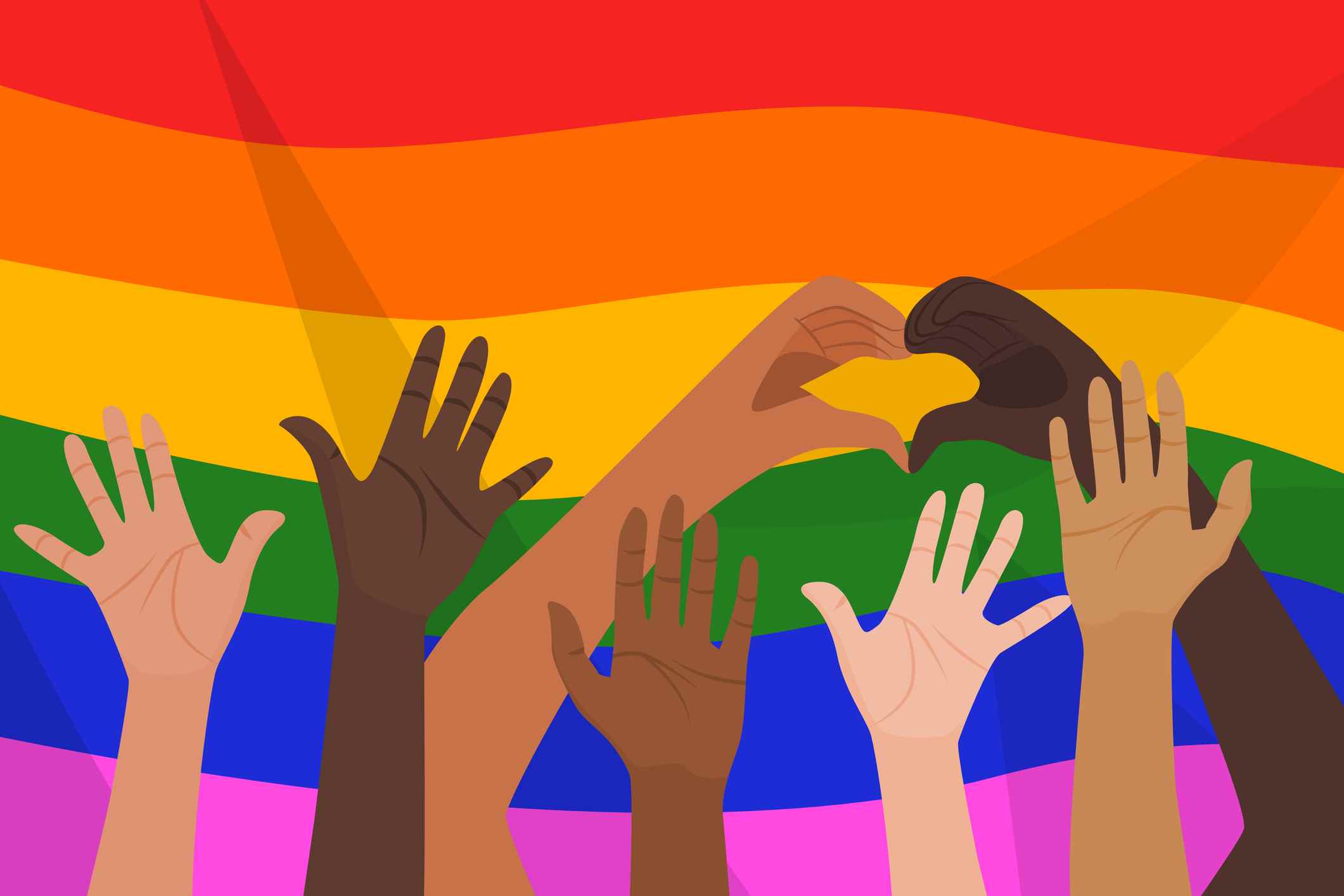 LGBTQ illüstrasyon konseptinin çeşitlilik etnik kökeni, insanların LGBTQ olan insanların çeşitliliğini göstermek için ellerini gökkuşağı bayrağına kaldırdığını gösteriyor.