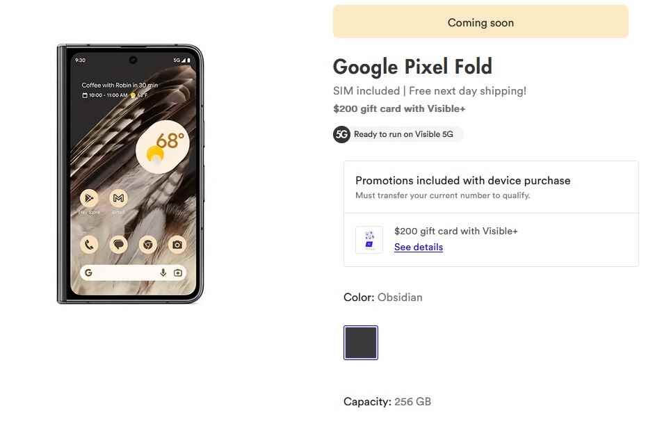 18 Temmuz'dan itibaren Visible, Pixel Fold'a belirli koşullar karşılanırsa alıcılara 200 $'lık bir hediye kartı sunan bir anlaşma sunacak - Verizon'un tamamen dijital Visible biriminin Pixel Fold'da 18 Temmuz'da başlayan bir anlaşması var