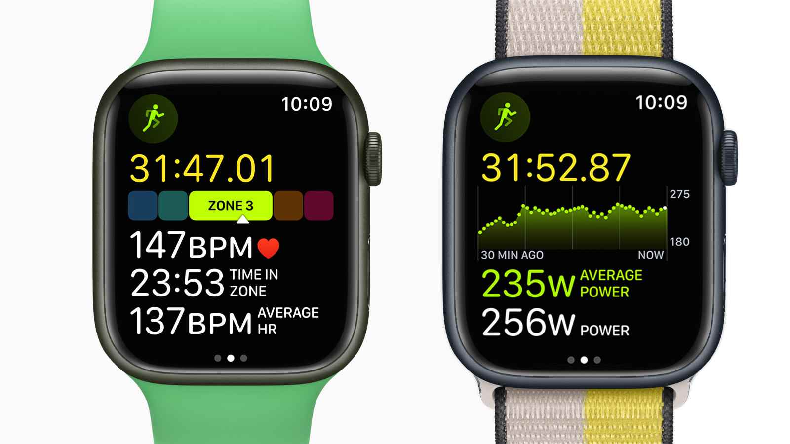 Yeni koşu ölçümlerini gösteren iki Apple Watch