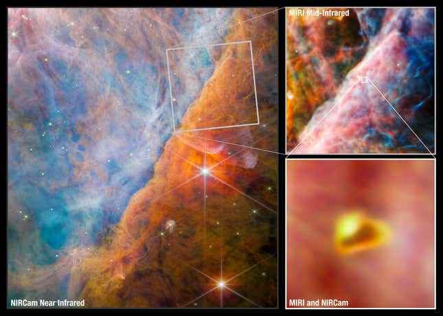 Orion Bulutsusu'nun bir kesiti ve öngezegen diski olan tozlu bir bölgeyi gösteren ek resimler.