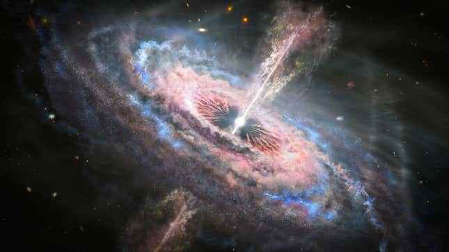 Bir sanatçının kuasar kavramı, merkezinde süper kütleli bir kara delik bulunan parlak bir galaktik çekirdek.