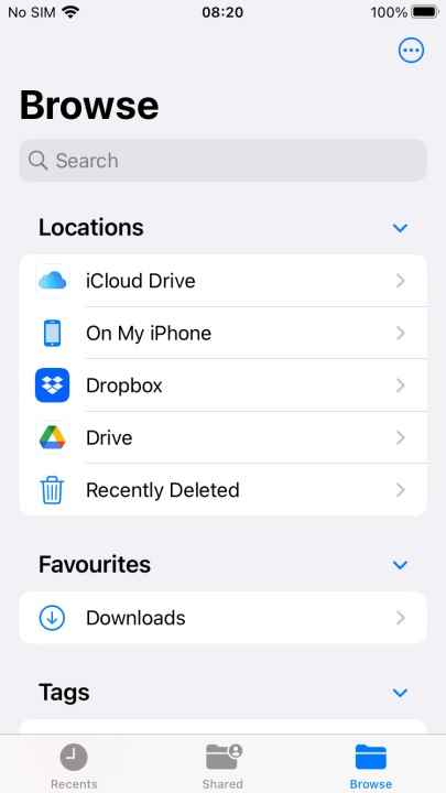 iPhone Dosyalar uygulamasındaki Gözat ekranı.