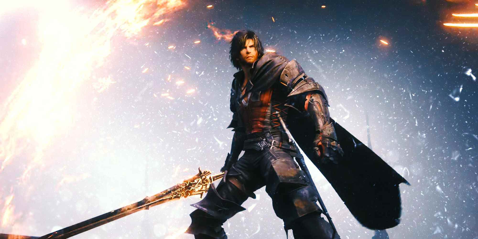 Final Fantasy 16'dan Clive, yanan bir kılıç tutuyor.
