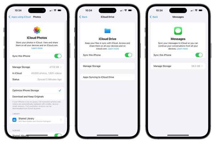 Fotoğraflar, iCloud Drive ve Mesajlar için iCloud senkronizasyon ayarlarını gösteren üç iPhone.