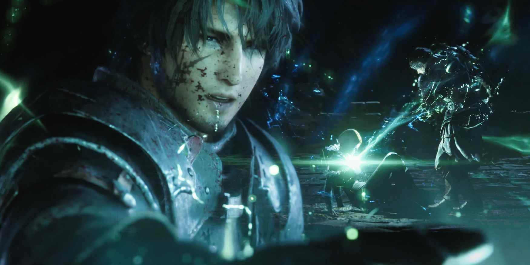 Final Fantasy 16'da Clive'in yüzünde kan varken arka planda Benedikta Harman'ın güçlerini çıkarmak için elini uzatıyor.