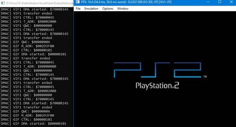 Varsayılan ekranı ve konsolu olan deneysel bir PS2 emülatörü olan DobieStation.