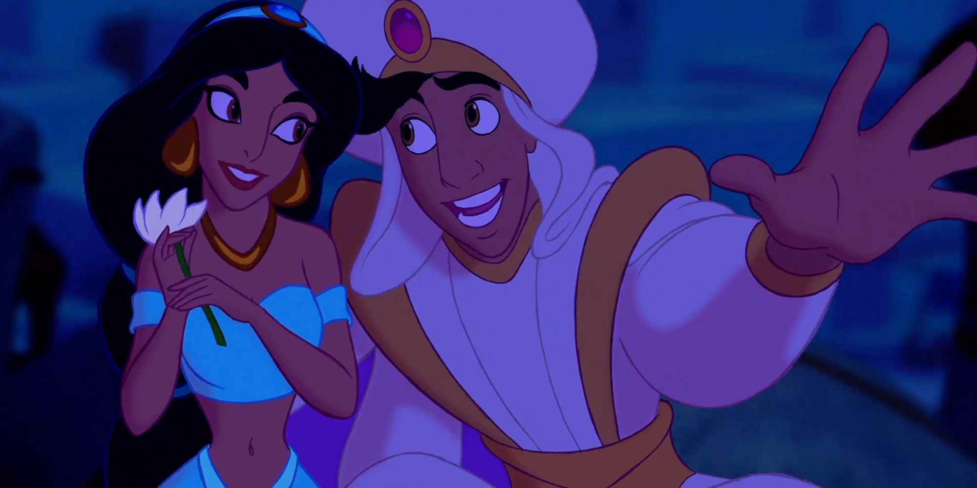 Aladdin ve Jasmine sihirli halı yolculuğunda