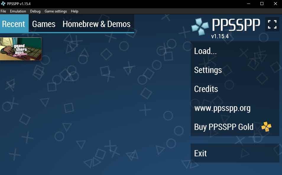 PPSSPP, varsayılan ekranı ve kullanılabilir bir oyunu olan bir öykünücü.