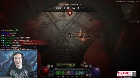 Diablo 4 hardcore Echo of Hatred - Max 'Wudijo', Echo of Lilith'e karşı mücadelesini bitirirken gülümsüyor.